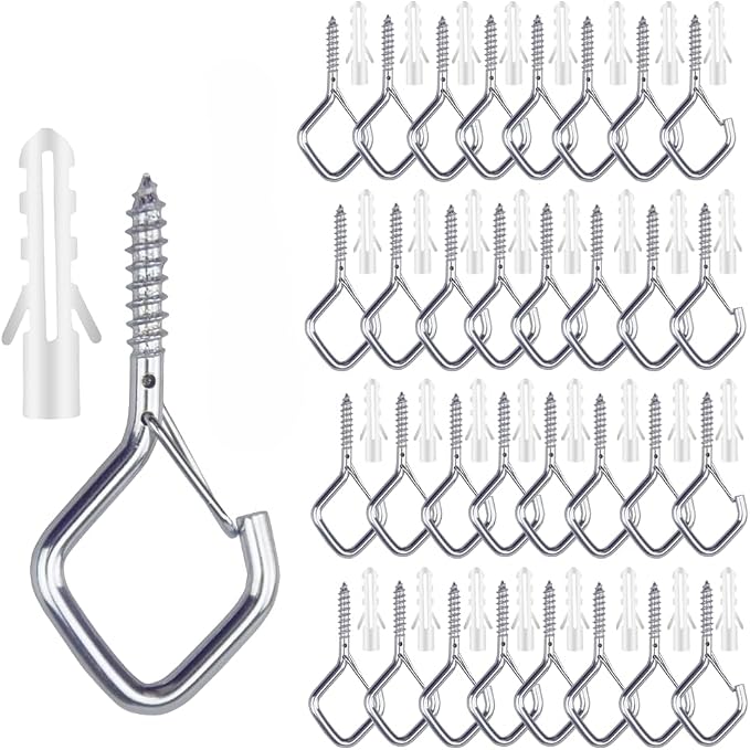 12-Pack Heavy-Duty Silver Screw Eye Hooks with Safety Clips | Metal Ceiling Hooks for Hanging Plants, Wind Chimes, Bird Feeders & Indoor/Outdoor Lights