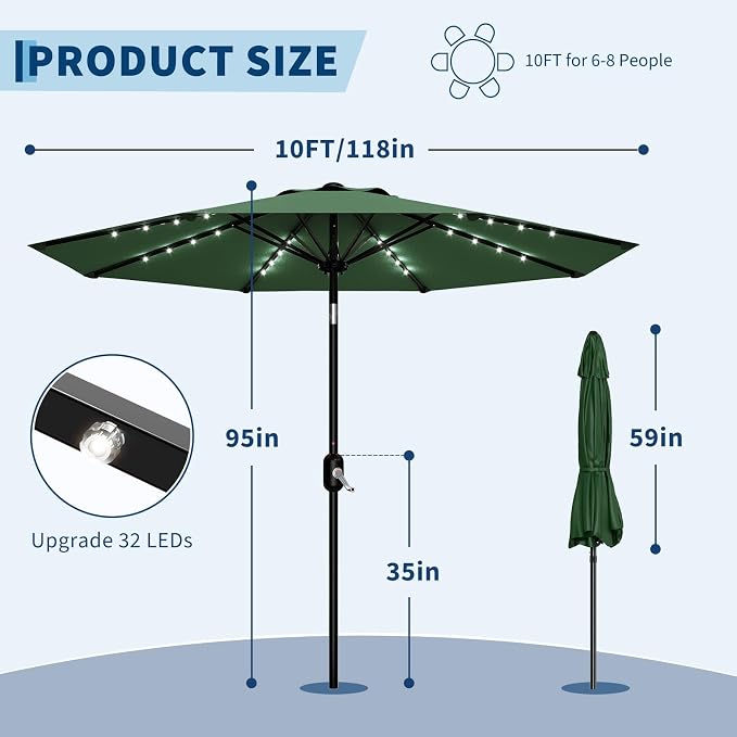 Patio Umbrella with Solar Lights, Outdoor Table Umbrella with 8 Durable Ribs, Tilt & Crank Mechanism, Water & UV Protection Sun Shade Umbrella for Garden, Poolside, Backyard (Dark Green, 10 FT)