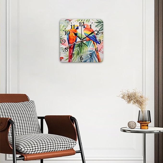 Quartz Wall Clocks Non-Ticking Silent Battery Operated Modern Wall Clocks Decorative for Home,Bedroom-Watercolor Painting of Beautiful Tropical Parrots(10inch)