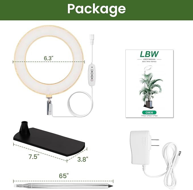 LBW Grow Lights for Indoor Plants, 6.3" Full Spectrum Plant Light with Base, 65" Height Adjustable Grow Lamp, 6/8/12/16H Timer, 3 Color, 5 Dimmable Level, for Tall Large Plants, Bamboo Grain, 3 Pack
