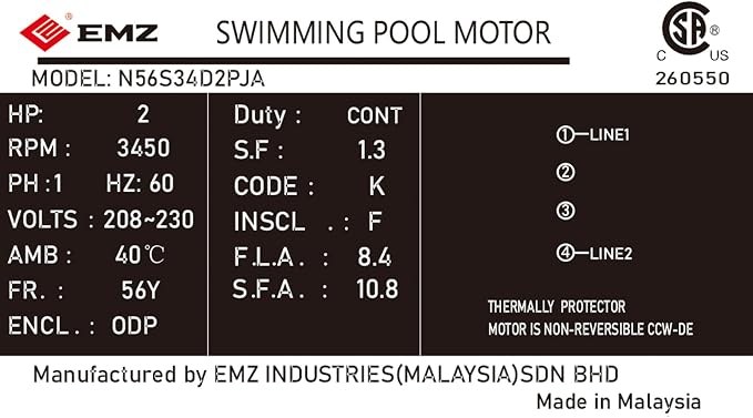 2 HP Single Speed Pool Pump Replacement Motor, Compatible with A.O. Smith Century B2843, 208-230V, 3450 RPM, 56Y Square Flange, ODP, 1.3 Service Factor
