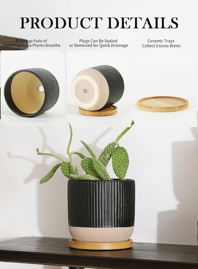 4" Black Ceramic Plant Pots with Drainage Holes & Trays Set of 4 | Vertical Stripes Succulent Pot with Saucer, Small Flower Planter Sets for Indoor Plants, Cactus & Herbs