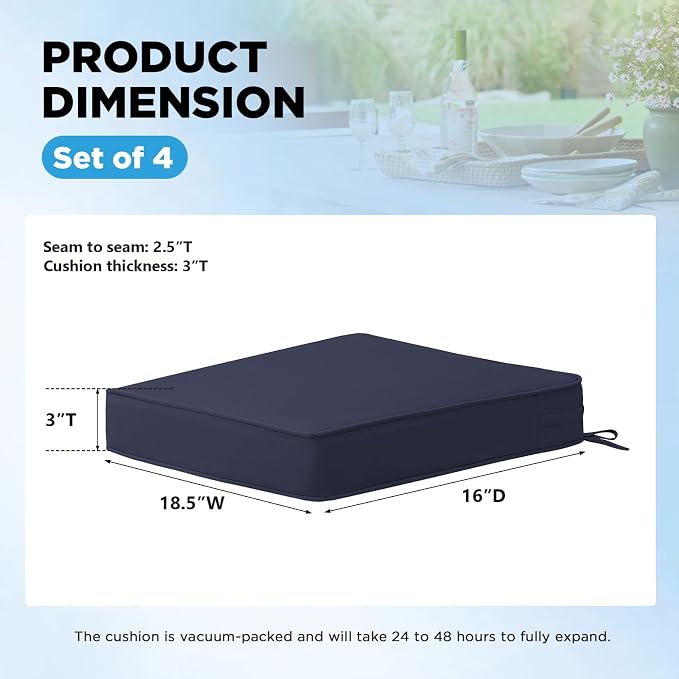 19 x 19 Inch Sunbrella Outdoor Chair Cushions with Tie Straps, Set of 4 Thick Water Repellent Square Patio Chair Pads for Garden Lawn Patio Furniture, Canvas Navy