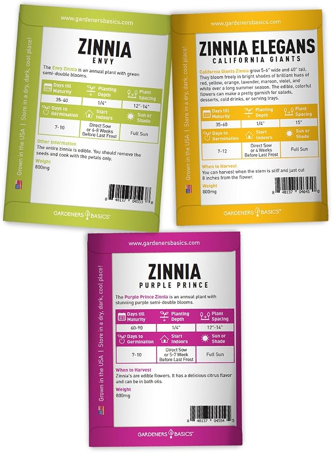 Gardeners Basics, Zinnia Seeds for Planting Outdoors Flower Seeds (5 Variety Pack) Thumbelina, Lilliput, Envy, Purple Prince and Pompon Varieties for Butterflies, Bees, Pollinators Wildflower Seed