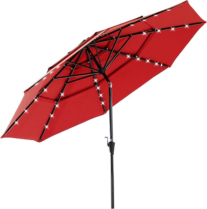 DUMOS Outdoor Solar Patio Umbrella 3 Tiers with 32 LED Lights, Beach Market Table Umbrella with Crank and 8 Sturdy Ribs for Pool, Terrace, Restaurant