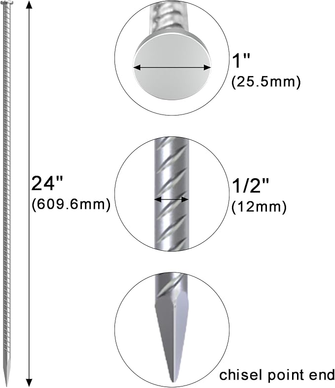 VVOKGO 24 Inch Rebar Stakes Metal Asphalt Anchoring Spikes Ground (4pcs), 1/2 Inch Diameter Galvanized Landscape Anchors Heavy Duty for Speed Bump, Handicap Threshold Ramps, Parking Limits Curb, Tarp