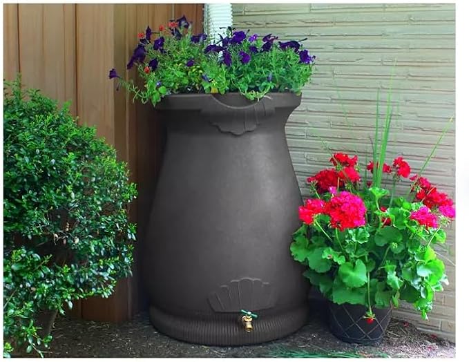Rain Wizard Decorative Urn Rain Barrel, Durable polyethylene Resin, with Brass Spigot, Flat-Back Design,Perfect for Gardening Any Home (Dark Granite, 65 Gallon)