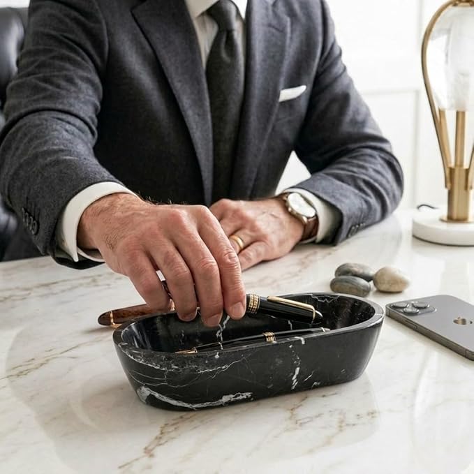 Radicaln Marble Dough Bowl 10" Inches Black Handmade Marble Bowl For Keys, Ideal Oval Bowl, Decorative Bowl and Candy Bowl For Entryway Table Décor