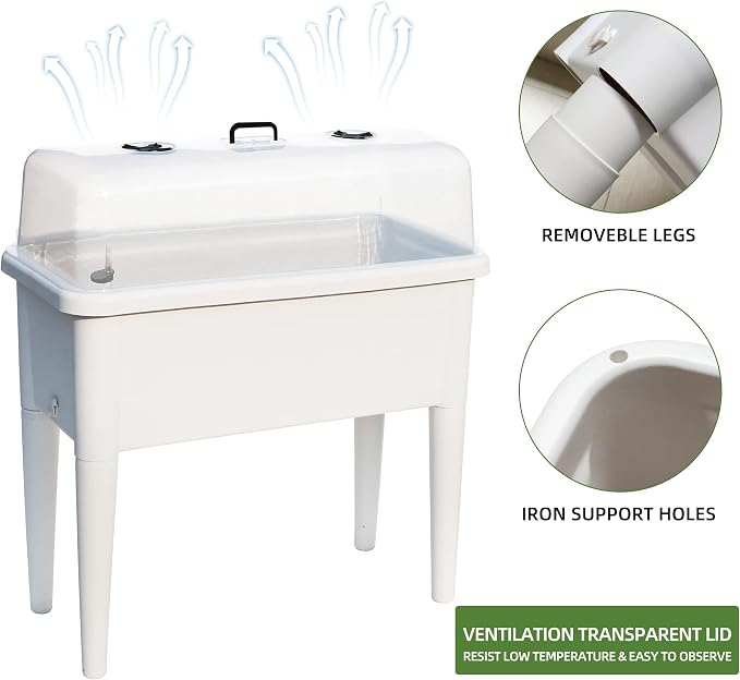 Dexceder 13.2 Gallon Self Watering Raised Garden Bed (White) | Ventilation Transparent Lid Greenhouse, Deepen Vegetable Flower Box Planter Pot with Removeble Legs & Water Level Indicator