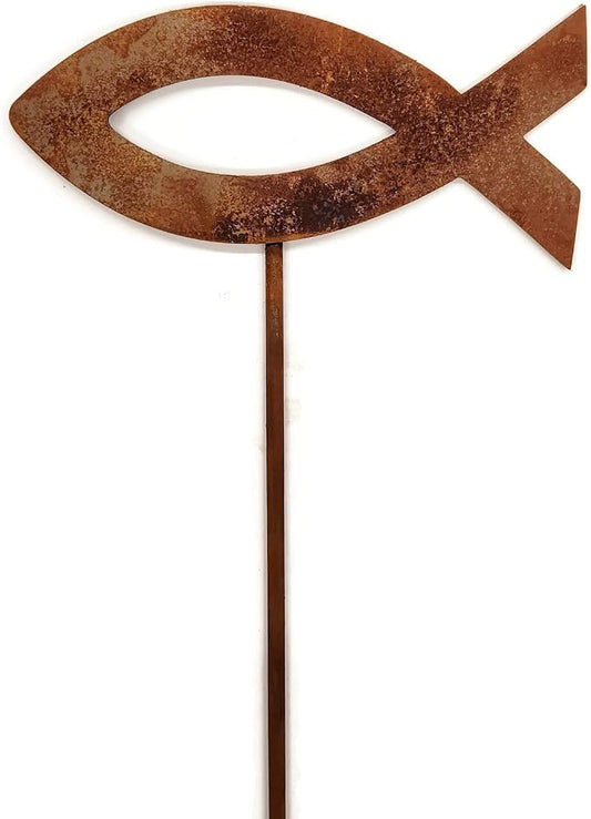 Christian Jesus Fish Metal Steel Garden Landscape Stake 20 to 33 Inches Tall (Flat Jesus Fish 20" Tall Including Stake, Naturally Rusted)