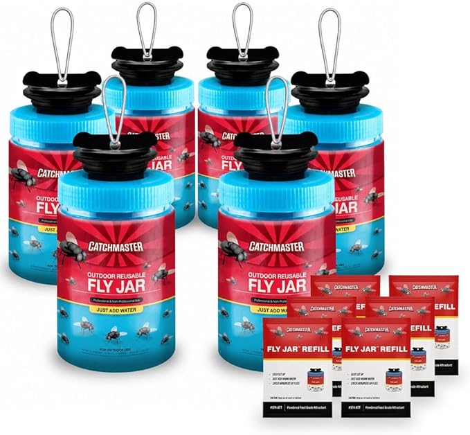 Catchmaster Reusable Outdoor Fly Trap, 6 Hanging Blue Jars with Bait | Catches All Species of Fly, Fly Traps Outdoor w/ Food-based lure, Odor Attracts Flies Away From People, Refill & Reuse