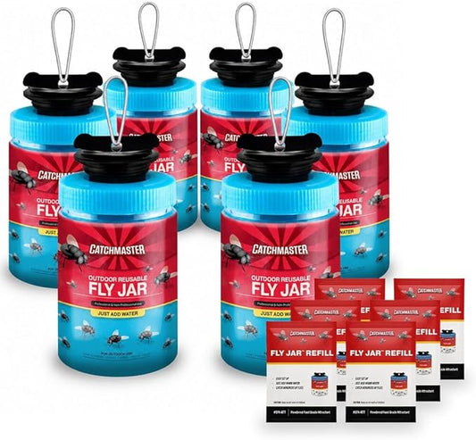 Catchmaster Reusable Outdoor Fly Trap, 6 Hanging Blue Jars with Bait | Catches All Species of Fly, Fly Traps Outdoor w/ Food-based lure, Odor Attracts Flies Away From People, Refill & Reuse