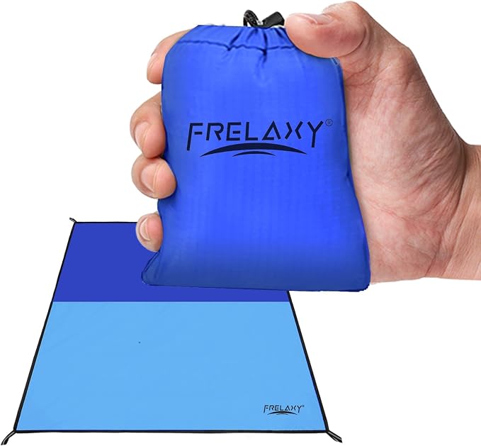 Frelaxy Pocket Picnic Blanket, Waterproof Sandproof Beach Mat, Compact Camping Tarp for Festivals, Hiking, Travel, Outdoor Recreation (Navy & Blue, 35'' x 57'')