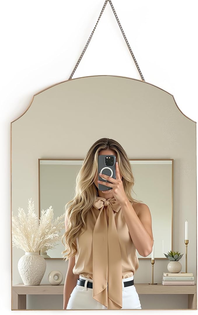 Gold Clipped Arch Wall Mirror 14" x18" - Vintage Hanging Mirror with Chain, Decorative Brass Mirror for Entryway, Bathroom, Bedroom&Living Room, Small Antique Gold Wall Mirror