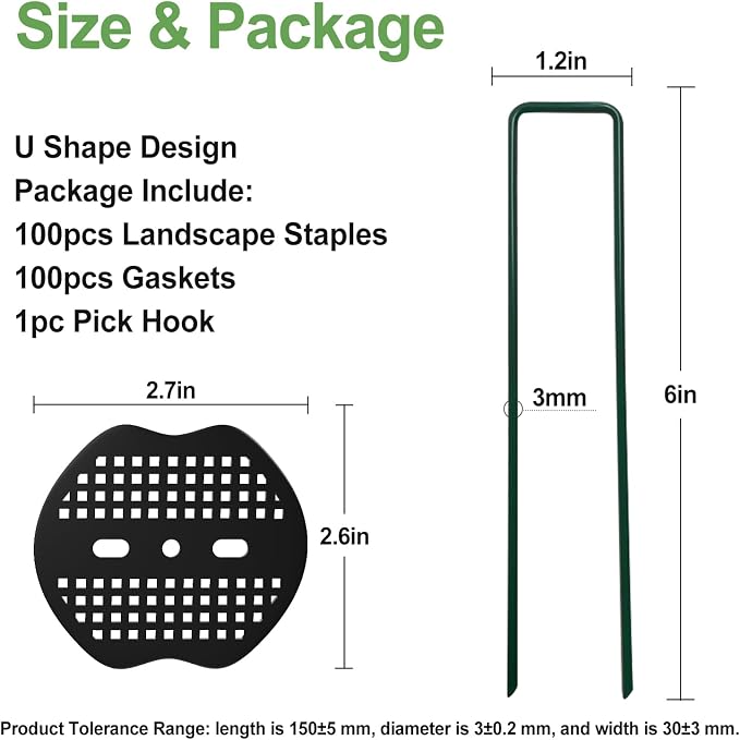 Landscape Staples 6Inch 100pcs Garden Stakes + 100pcs Gasket, Lawn Pins with Spray Coating Craft,11Gauge Anti-Rust Ground Yard Spikes Anchoring for Outdoor Tents Irrigation Hoses (Green)