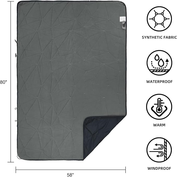Large Waterproof Outdoor Blanket Thick Fleece 80" x 58" | Windproof Stadium Blanket, Wearable Poncho, Machine Washable for Camping, Car, Pet, Picnics - Black Gray