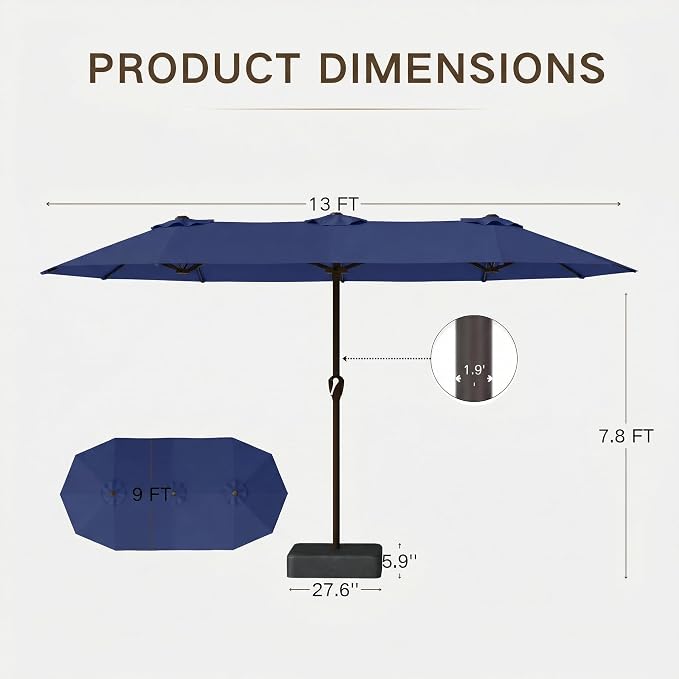 Kingdura 13ft Large Patio Umbrella with Base Included, Double-Sided Rectangle Outdoor Table Umbrella with 12 Reinforced Ribs, Crank Lift for Market Pool Deck Backyard, Navy blue
