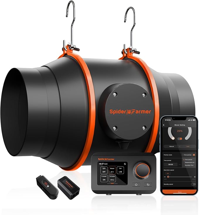 Spider Farmer 6 Inch Inline Duct Fan with Temp Humidity Controller, 402 CFM | Includes GGS smart controller, exhaust fan for grow tents, heating cooling booster, and hydroponics ventilation