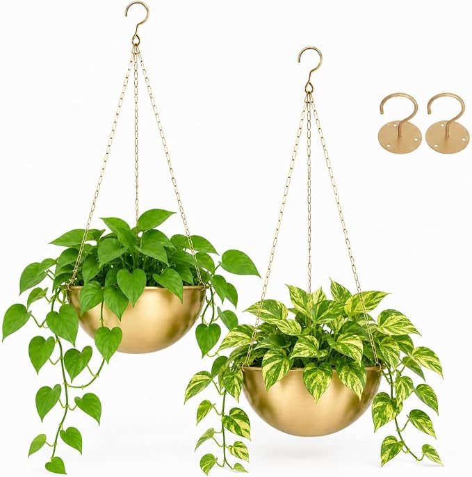 AceList Gold Hanging Planter for Indoor Plants, Set of 2-9.8 Inch Boho Metal Plant Hanger with Hooks & Chain, Brass Finish Hanging Plant Holder for Window, Ceiling & Living Room Decor