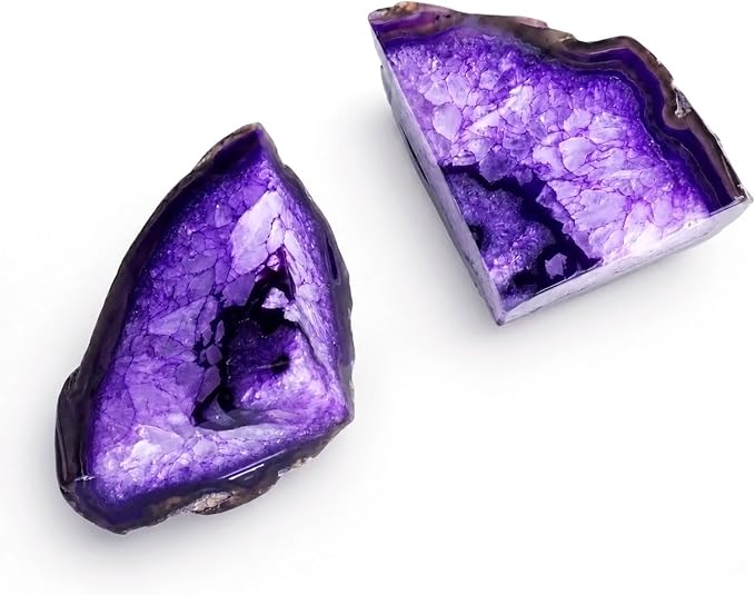 Natural Purple Dyed Agate Geode Bookends - 3 to 4 lb Heavy Duty Rock Crystal Stone Book Ends for Shelves, with Rubber Bumpers, Decorative Book Holders for Home Office