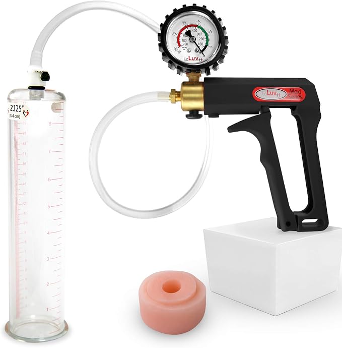LeLuv Penis Pump Maxi Black Handle + Protected Gauge - Bundle with Clear Hose, Silicone Donut Seal - 9 inch Length x 2.125 Inch Diameter Cylinder