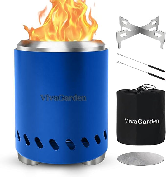 Smokeless Tabletop Fire Pit, VivaGarden Portable Outdoor Fire Pit for Camping, Patio, Backyard, Wood and Pellets Burning Camping Stove with Carry Bag, Forks, Mat and Pot Stand (9.7x7.1 Inch, Blue)