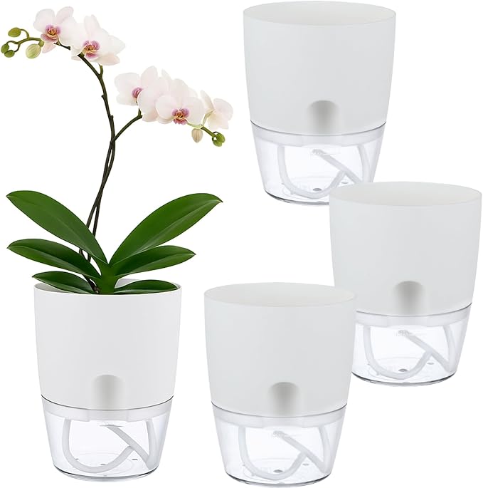 Planterhoma 3 Pack Self Watering Pots for Indoor Plants, 6 Inch Plant Pot Plastic Self Watering Planter for Orchid, African Violet, Small Clear Flower Pots with Drainage Holes and Wicking Rope, White