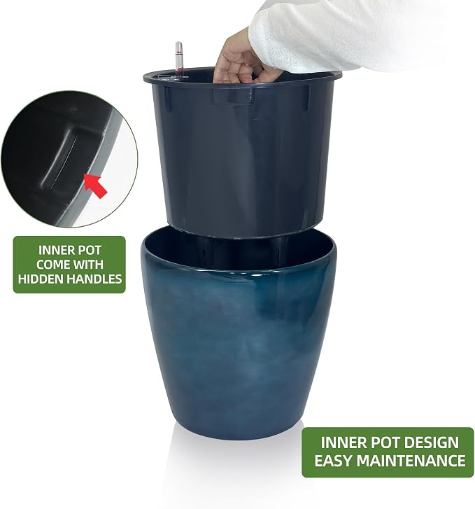 Dexceder 15x14 Self Watering Planter with Wheels (Grayish Green Gradient) | Inner Pot Design, Thickened Large Floor Standing Flower Plant Pot with Water Level Indicator Indoor Outdoor