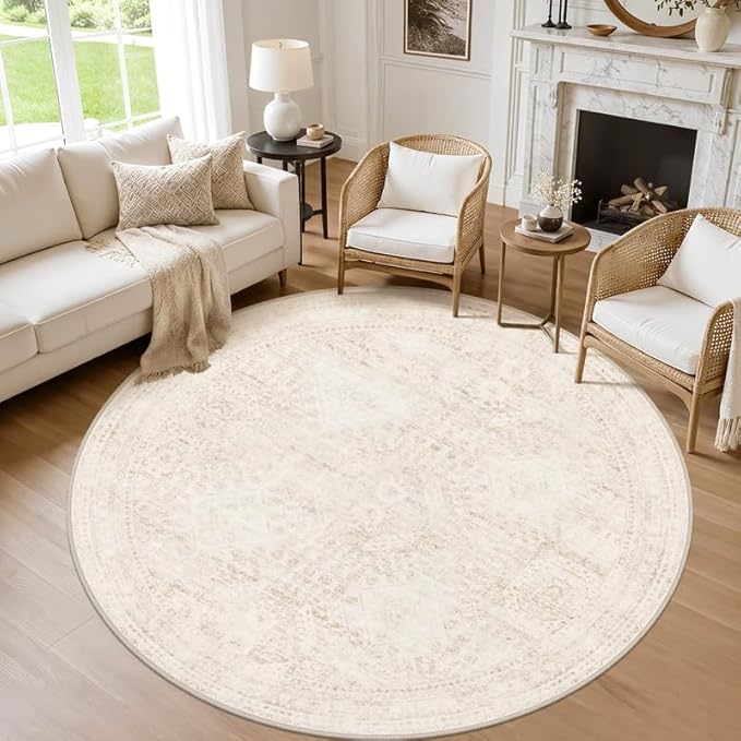 Round Area Rug Living Room: 6ft Neutral Washable Carpet Rug Beige | Vintage Boho Circle Soft Large Circular Carpet Bedroom Nursery Farmhouse Dining Room Indoor Decor Floor Non-Slip Under Table