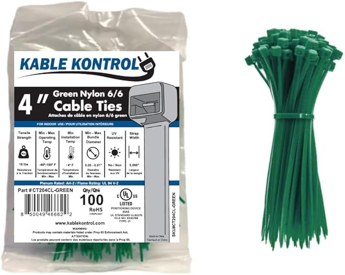Kable Kontrol Green Zip Ties 4 Inch 100 Pcs, 18 Lbs Tensile Strength, Self-locking Nylon Colored Cable Ties Wire Wraps for Indoor or Outdoor Use