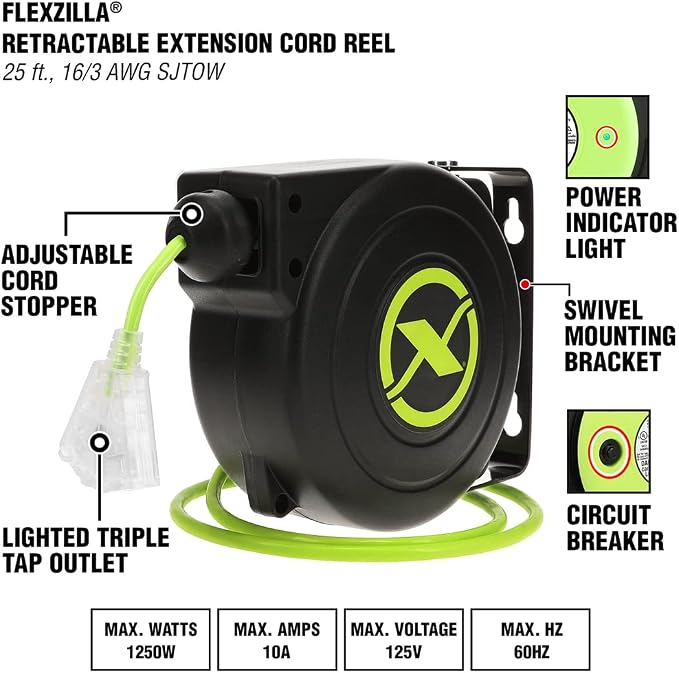 Flexzilla Retractable Extension 16/3 AWG 25' Electric Cord Reel, ZillaGreen, FZ8160253