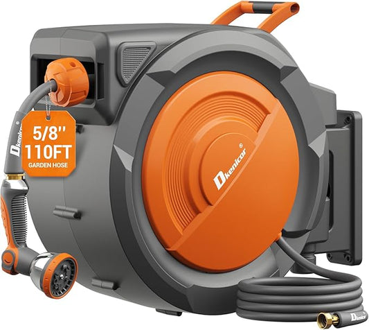 5/8" × 110 ft Retractable Hose Reel, Heavy Duty Retractable Garden Hose Reel Wall Mounted with 10-Pattern Hose Nozzle/Any Length Lock/Slow Return System/180°Swivel Bracket, Orange