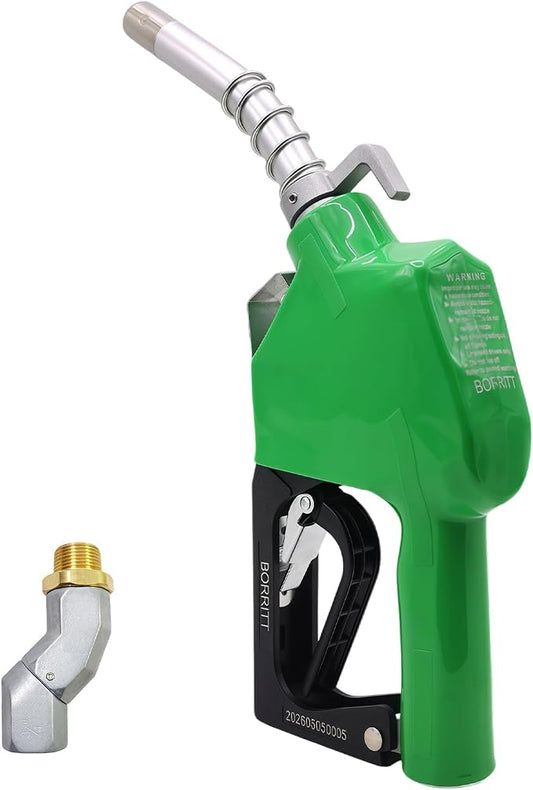 3/4" Inch NPT Green Fuel Nozzle,Automatic Shut Off Heavy Duty W/360° Hose Swivel Gas Fuel Transfer Pump Nozzle,304 13/16" Spout nozzle bushing,Copper Valve,Hook,16 gpm Flow Rate For Gas,Diesel