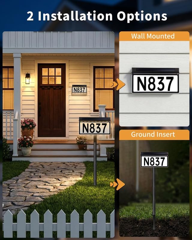 BRIMAX Solar Powered Address Sign,Lighted House Number Plaque IP65 Waterproof,3 Color Modes,Upgraded Side-Lit LED Sign,In-Ground Or Wall Mounted for Outside