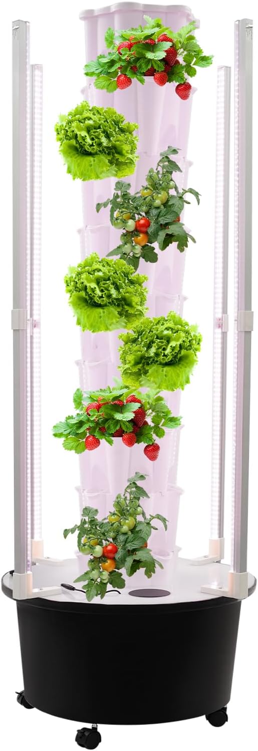 8 Tier Hydroponic Growing Tower with Led Grow Lights Water Pump, 48 Planting Pots Vertical Garden Indoor Outdoor Automatic Water Circulation System, Locking Wheels for Home, Patio, Balcony