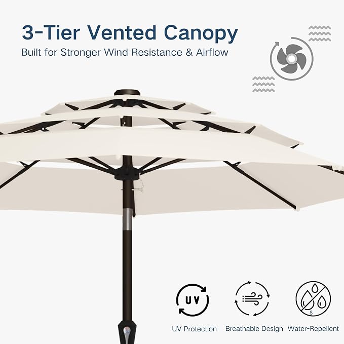 10FT Patio Umbrella 3 Tiers Outdoor Market Umbrella w/Push Button Tilt, Crank, UV and Waterproof Table Umbrella for Garden, Pool, Backyard, Deck, Lawn, Creamy White