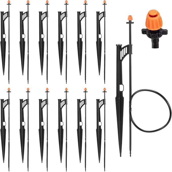 12 Sets 180° Drip Micro Spray Emitters with Sprinkler Stake, Drip Sprinkler Heads with Adjustable Riser 1/4" Irrigation Tubing and Barbed Coupler,Micro Sprinkler Assembly for Garden Irrigation System