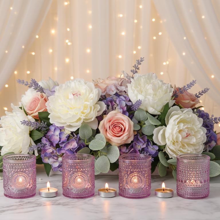 LETINE 16 Pack Purple Votive Candle Holders for Tea Lights Candles, Assorted Glass Candle Holder Bulk Set with 4 Patterns for Home Decor, Parties & Wedding Centerpieces - Image 5