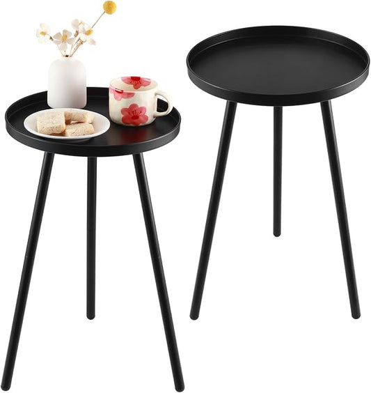 2 Pack Outdoor Side Table, 12.6" Patio Round Tables for Outside Black End Tables Small Coffee Table End Table Modern Metal Porch Plant Stands for Balcony, Indoor, Bedroom, Living Room, Small Spaces