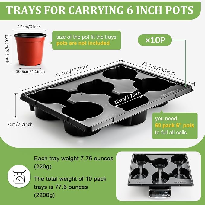 RooTrimmer 6 Cell Round Nursery Pot Trays for 6 Inch Pots, Thickened Sturdy Seedling Pot Shuttle Tray, Durable Nursery Pots Carrying Tray for Holding 6 Inch Plastic Plant Pots(17.08"×13.14", 10-Pack)