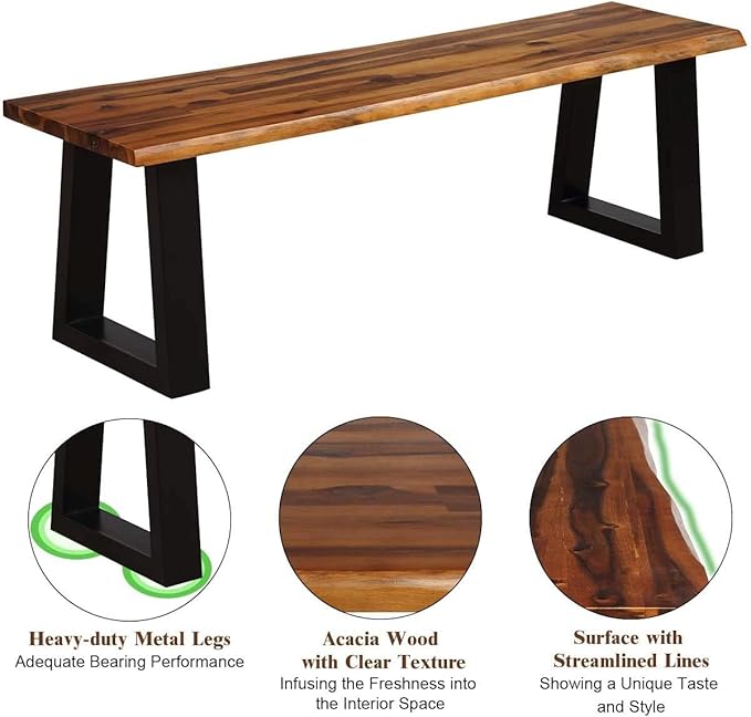 HAPPYGRILL Acacia Wood Patio Bench Set of 2, Dining Picnic Bench with Metal Frame, 57.5" Wood Bench for Indoor Outdoor Garden Backyard Lawn