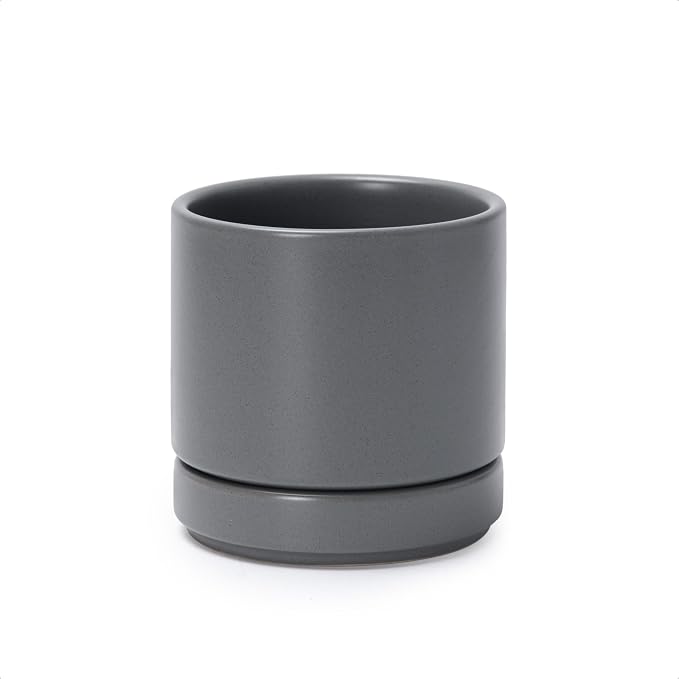 D'vine Dev 4.7 Inch Ceramic Planter Pot with Drainage Hole and Saucer, Indoor Cylinder Round Planter Pot, Grey, 94-O-B-3