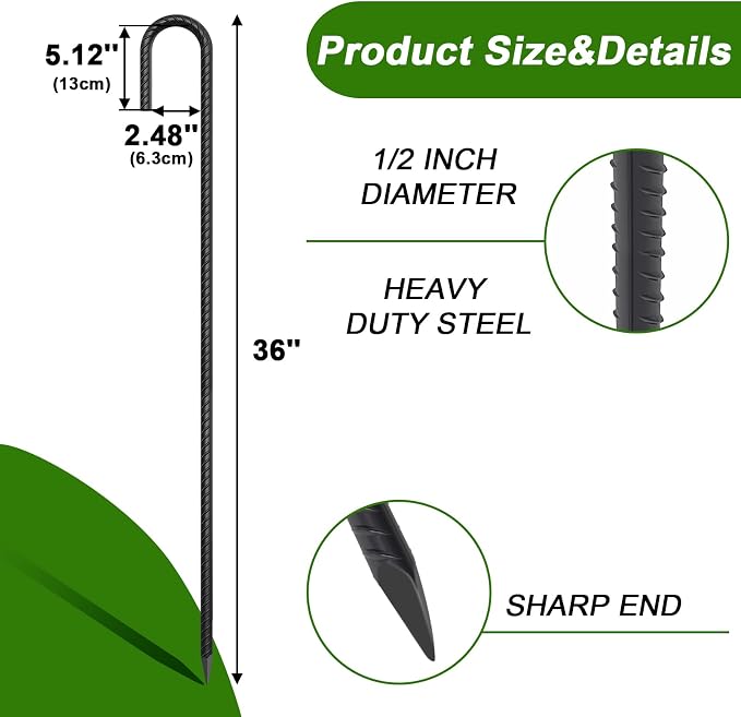 AAGUT Rebar Stakes 36 Inch J Hook Heavy Duty 20 Pack, 1/2 Inch Extra Long Tent Stakes with Chisel Point End, Black Coated Metal Ground Anchors for Garden, Chain Link Fence, Greenhouse, Sculpture