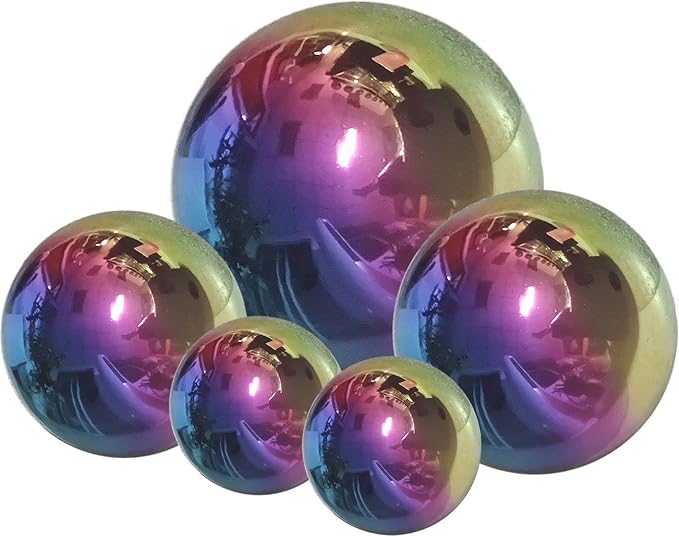 Gazing Ball Garden Mirror Outdoor - Outside Decorative Globe, Rainbow 5Pcs | Metal Polished Reflective Sphere, Stainless Steel Hollow Decoration Ornament for Home Pond Swimming Pool Housewarming Gift