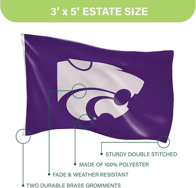 NCAA Kansas State University Flag with Grommets, 3'x5' K-State Wildcats Outdoor College Flags & Banners for Garden Patio Indoor Wall Décor