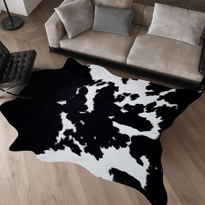Black Cowhide Rug 5.2x6.2 ft Cow Hide Rug Washable Area Rug Wall Decor | Cow Print Rug Western Rugs for Bedroom Living Room Dining Room Decor Animal Print Carpets-No Fur