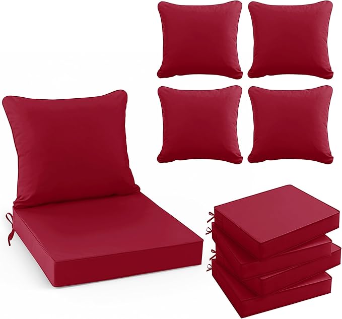 Summsun Waterproof Patio Cushions for Outdoor Furniture, Fade Resistant Back Pillow and Seat Cushion Set for Couch Replacements, 24 x 24 Inch, Red, Set of 4