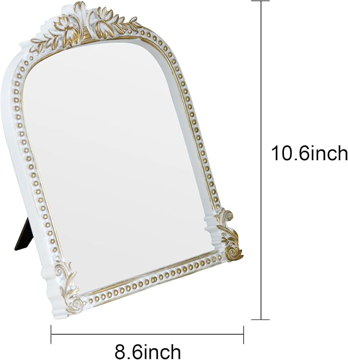 Antique White Plastic Arched Makeup Mirror, Standing, Hanging or Wall Mount, Bathroom, Living Room, Bedroom White and Gold Decorative Mirror (10.6 x 8.6 inch)
