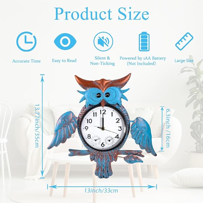 Outdoor Clock Silent Non-Ticking, Outdoor Wall Clocks with Thermometer & Humidity, Quartz Clocks Waterproof Decor for Patio Garden Living Room（Blue Owl）
