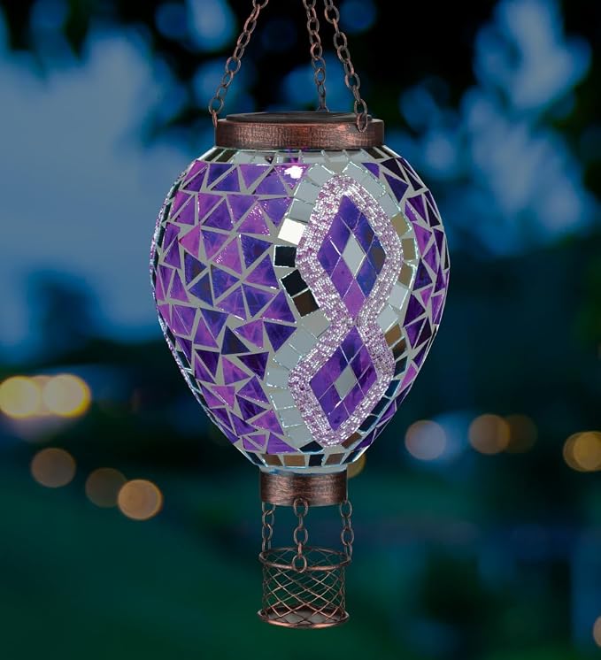 Regal Art & Gift Hot Air Balloon Solar Lantern – Hanging Solar-Powered LED Lights, Waterproof Portable Decorative Outdoor Lamp Made of Metal & Glass for Garden, Patios & Pathway - Mosaic Purple
